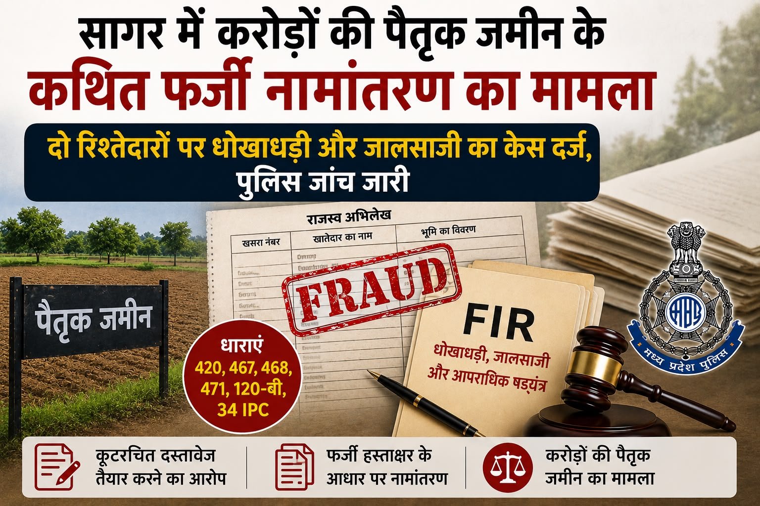 Fake Mutation Case | सागर में करोड़ों की पैतृक जमीन के कथित फर्जी नामांतरण का मामला, दो आरोपियों पर एफआईआर दर्ज