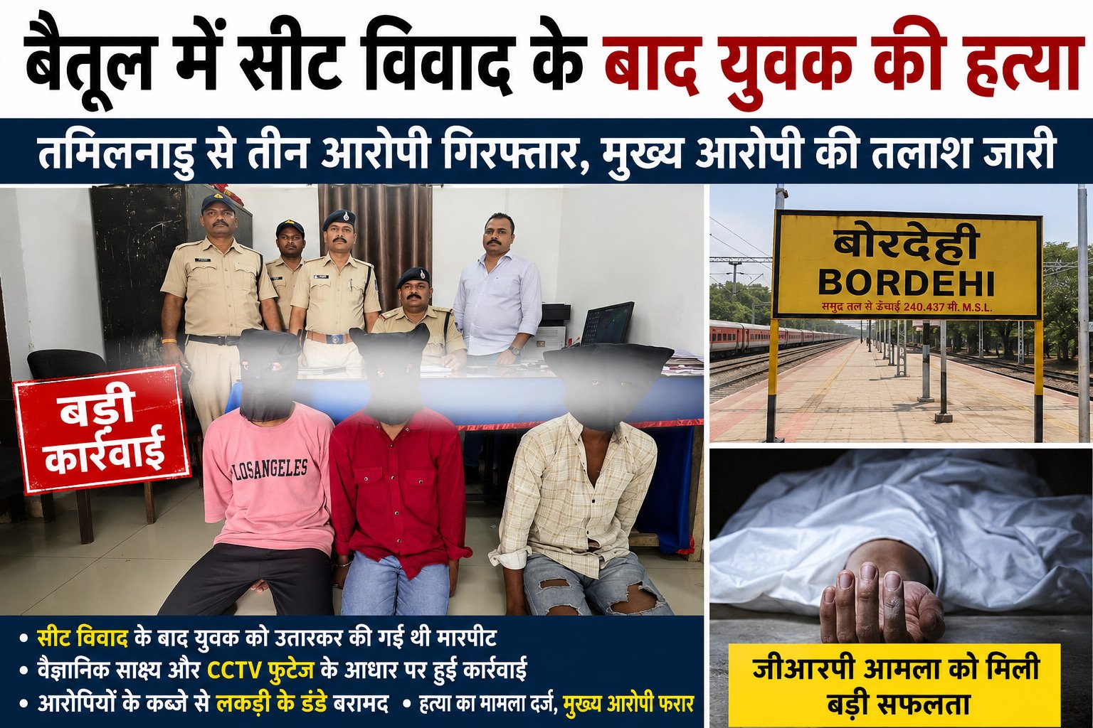 Betul Crime News | ट्रेन में सीट विवाद के बाद हुई युवक की हत्या मामले में बड़ी कार्रवाई, तमिलनाडु से तीन आरोपी गिरफ्तार