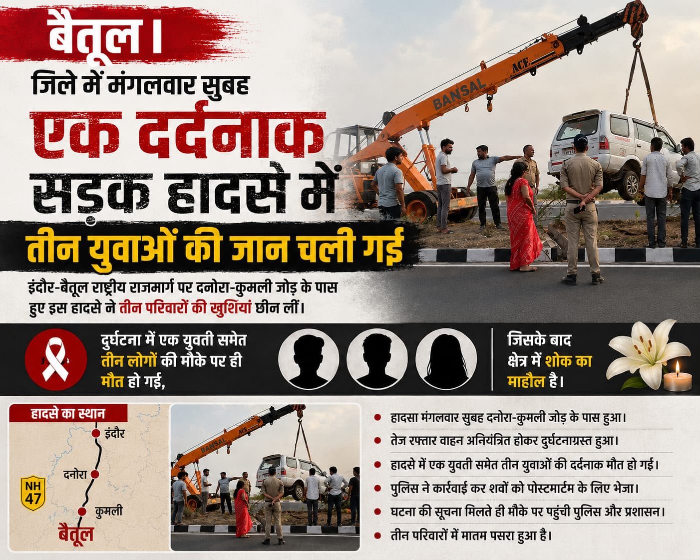 Betul Accident News | बैतूल में दर्दनाक सड़क हादसा, इंदौर से लौट रही युवती समेत तीन युवाओं की मौत, परिवारों में पसरा मातम