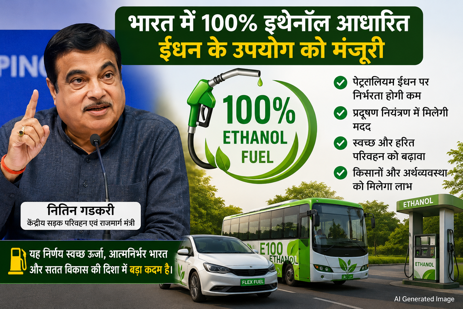 100% Ethanol Fuel : देश में 100% इथेनॉल ईंधन को मंजूरी, जल्द लॉन्च हो सकते हैं नए फ्लेक्स-फ्यूल वाहन